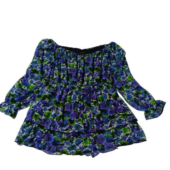 Y2K VINTAGE Ruffled Blouse Top L Floral Purple Green Whimsigoth Cottage Coquette - Picture 4 of 12